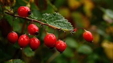 Obraz premium Red Berries on a Branch After Rain