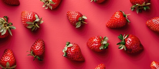 Creative summer background with ripe, juicy strawberries on a red backdrop. Minimal and artistic fruit pattern.