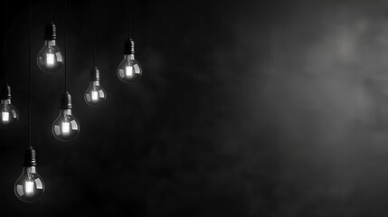 Vintage Light Bulbs Illuminated With Smoky Background - A Journey Of Creativity, Innovation, And Inspiration, Light Bulbs With Smoky Background, Concept Of Creativity, Light Bulbs Hanging With Smoke