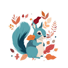 Cute squirrel with autumn forest leaves vector illustration. Cartoon isolated happy baby animal character with tail and funny face sitting among floral pattern of fall tree leaf and berry elements