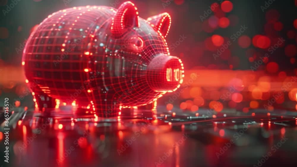 Aufkleber This Red illuminated 3D rendering of a piggy bank with a digital background.