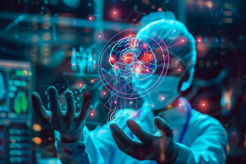 Healthcare Professional Interacting With Holographic Brain Model in Laboratory Setting