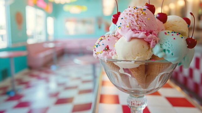 Ice cream sundae with sprinkles and cherries in a retro diner