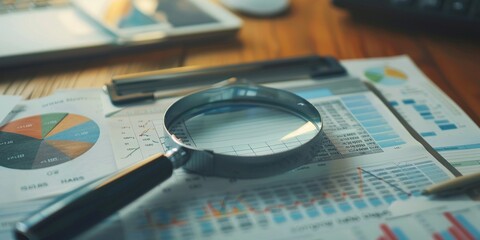 Financial charts and graphs under a magnifying glass with a laptop, symbolizing data analysis, business strategy, and financial research, ideal for business, finance, and analytics content