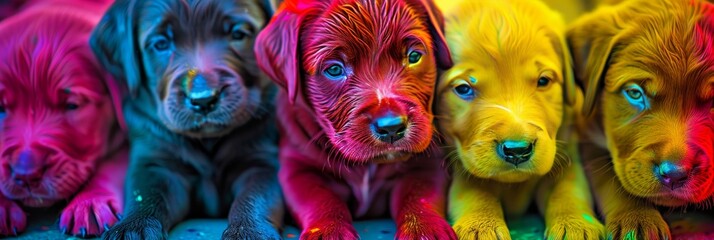 Vibrant neon watercolor background with playful geometric puppies in bright colors