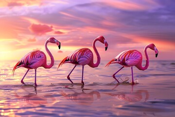 Obraz premium flamingos wading a shallow lagoon at sunrise highlighting the grace of nature and wildlife