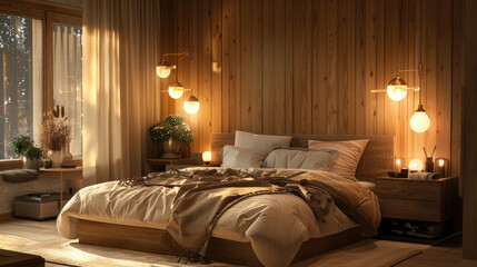Modern bedroom interior with wood furniture and light brown color design, home wooden decor and lamps. Theme of bed, room, house, pastel.