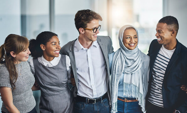 Team, diversity and business people embrace with smile, confidence and solidarity at global consultancy. About us, happy men and women in office for professional collaboration, equality and support