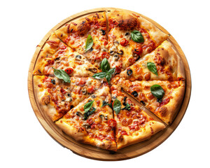 Pizza on a wooden plate on a white background, pieces of pizza are cut, cheese stretches