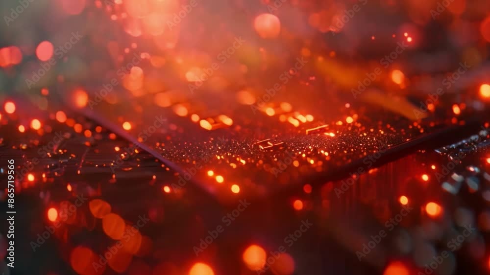 Poster This Red glowing circuit board with out of focus bokeh lights.