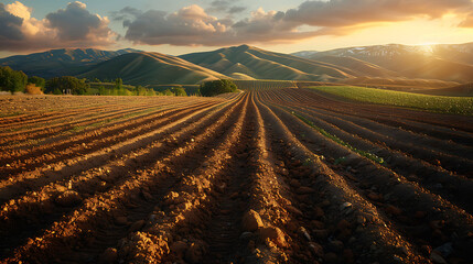 Freshly Planted Fields with Aligned Crop Rows at dawn Documenting Soil Health and Growth Patterns, Precision Agriculture Imagery Supporting Modern Farming Research and Data Analysis