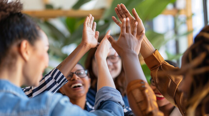 a close-up image of a diverse group of coworkers high-fiving each other after a successful presentation, Diverse and Inclusive Work, Multiracial Group, Community, Office, Connectio