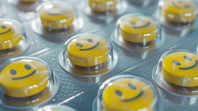 Pill tab packaging, Yellow pills with smiley faces symbolizing antidepressant medication 