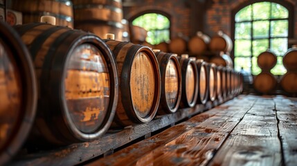 A perspective view of old wooden barrels lined up inside a traditional wine cellar with brick walls and arched windows