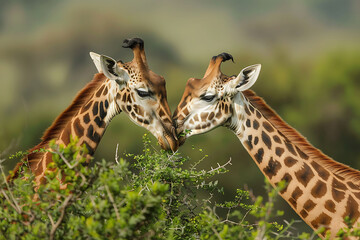 Graceful giraffes feeding acacia trees demonstrating the harmony of nature and wildlife 