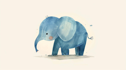 Cute watercolor illustration of a baby elephant. The elephant is blue with a pink belly and has a...