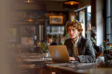 A young businessman sits at a cafe table and uses his laptop, thinking about his stressful day.