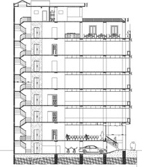 Vector silhouette illustration sketch, detailed architectural engineering design section of a multi-storey building, hotel, apartment