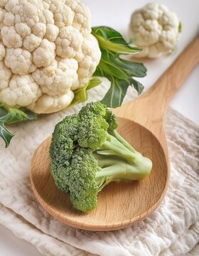 Healthy broccoli vegetables served in tablespoons on a clean and elegant white cloth background.generative ai