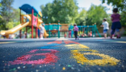 Children playing in a colorful playground with numbers drawn in chalk on the asphalt.