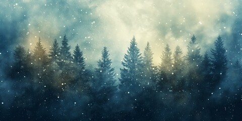 Obraz premium A serene forest scene with tall pine trees and a soft snowfall, enveloped in foggy blue and golden light.