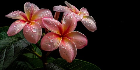 Plumeria flower on a black background with copy space, Glorious frangipani or plumeria flowers, with black background.