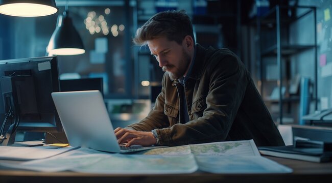 a professional cartographer looking at laptop monitor screen, working with printed cadastral map at table on workplace. Young man analyzing cadastral map searching for building plot.