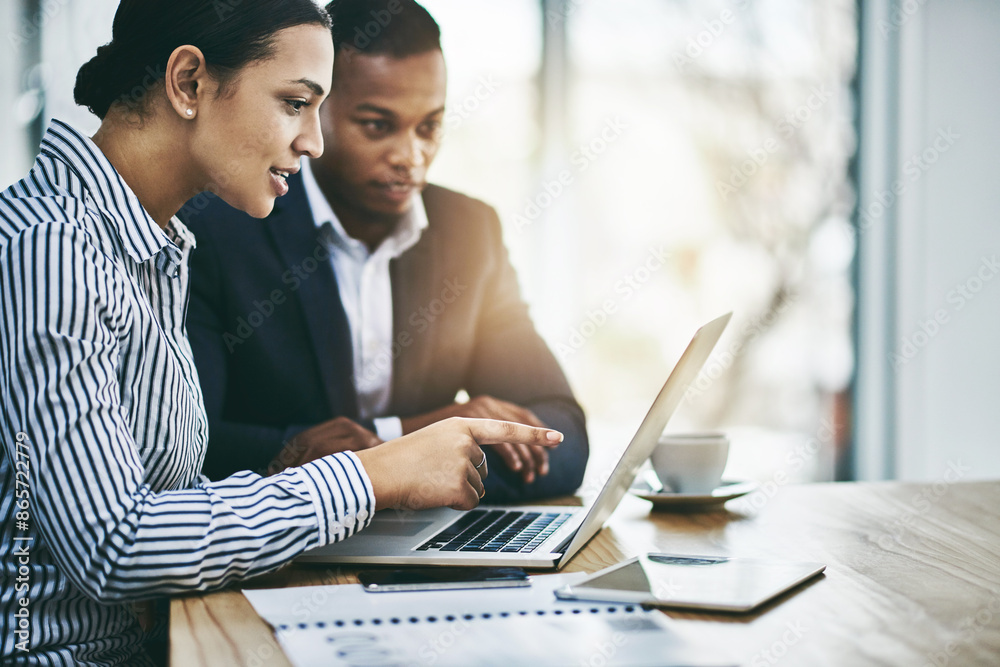 Sticker Team, laptop and business people in office with collaboration for company budget planning. Deal, discussion and financial advisors working on computer for stocks investment deal with revenue.