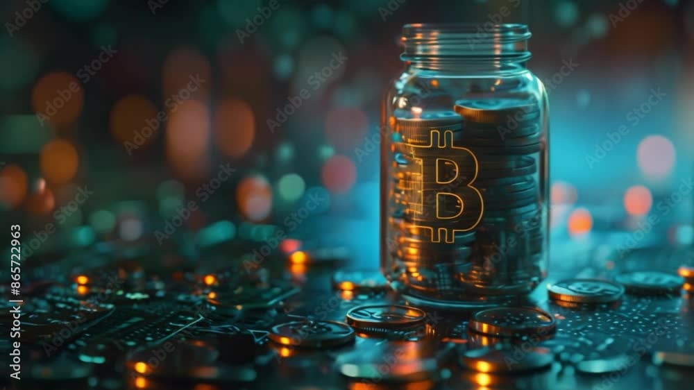 Poster this glass jar filled with gold bitcoin coins on a circuit board with a glowing bitcoin symbol.