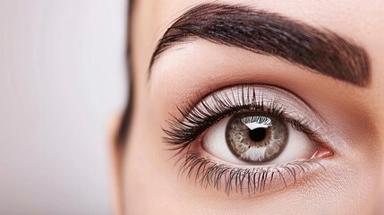 Obraz premium Macro shot of eye during eyelash extension treatment on white background with copy space