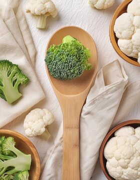 Healthy broccoli vegetables served in tablespoons on a clean and elegant white cloth background.generative ai