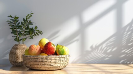 Minimalist kitchen interior with fruit and straw basket