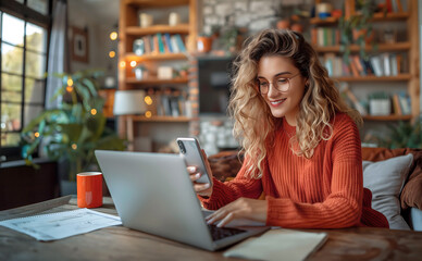 A female graphic designer is sitting at a caf&eacute; table, using her laptop and smartphone.