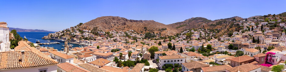 Panoramic landscape Hydra island panorama in a sunny day