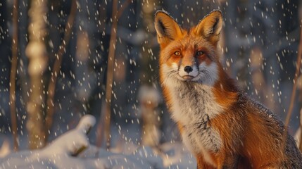 Fototapeta premium Beautiful Red Fox in a Snowy Forest - Generative AI