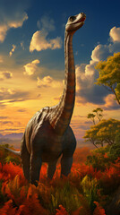 Obraz premium Mesozoic Majesty: The Awe-Inspiring Apatosaurus against a Prehistoric Landscape under Twilight Sky