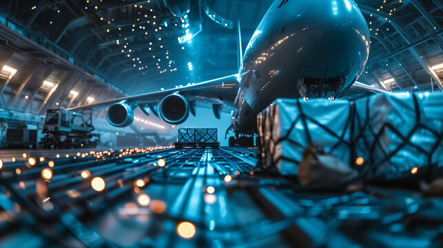 Cargo Plane in Industrial Hangar with Illuminated Pathway, Logistics and Transportation