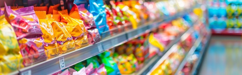 Colorful candy packages on a supermarket shelf © Juan