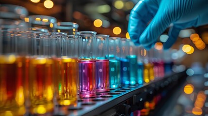 A detailed view of colorful chemical samples being carefully handled with a pipette by a researcher wearing protective gloves in the sterile environment of a contemporary medical laboratory