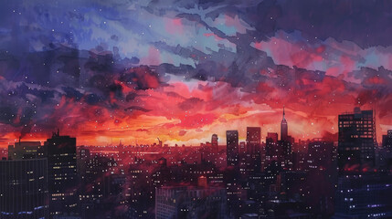 Fototapeta premium Vibrant Urban Sunset Skyline with Dramatic Clouds and City Lights