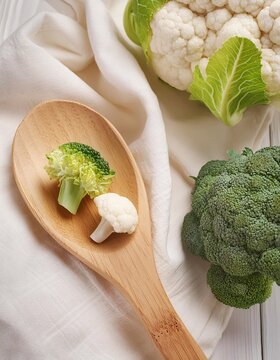 Healthy broccoli vegetables served in tablespoons on a clean and elegant white cloth background.generative ai