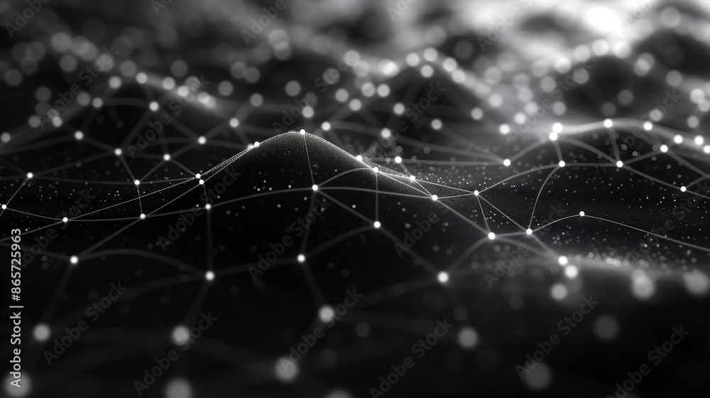 Wall mural black and white background of digital network connections with data flowing between nodes.