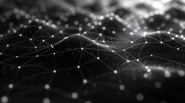 Black and white background of digital network connections with data flowing between nodes.