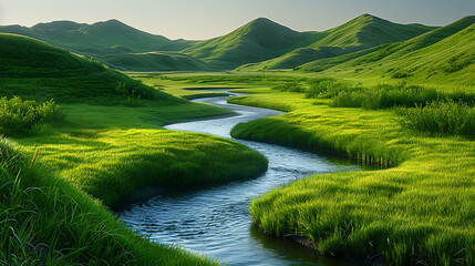 Lush green valley a meandering stream using Canon EF 100400mm f4556L IS II USM capturing during the golden hour for warm light