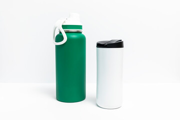 Isolated Reusable Sport Green and Water Bottles, Protein Shaker On White Background. Tumbler, Product Template. Travel Mug Horizontal Plane.