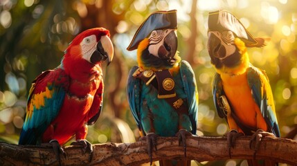 Three red parrots wearing pirate hats perched on a branch in a lush forest. Concept of tropical birds, adventure theme, exotic wildlife, vivid nature