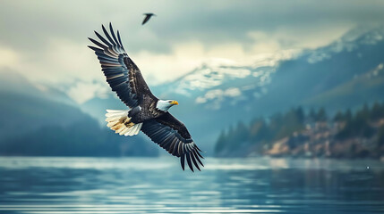  bald eagle soaring over pristine lake capturing the essence of nature and wildlife