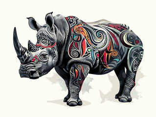 A rhino with colorful tattoos on its body. The tattoos are in various colors and patterns, giving the rhino a unique and artistic appearance. Concept of creativity and individuality
