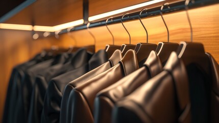 Brown leather jackets hanging on black hangers in a clothing store.