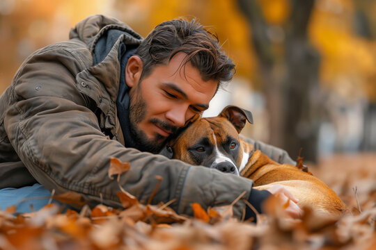 Man Hugging Dog in Autumn Park